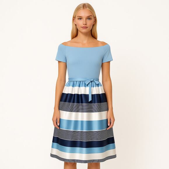 FASHION LINE Vintage 90s Blue Striped Off Shoulder V-Neck Midi Dress NWT - Picture 1 of 9